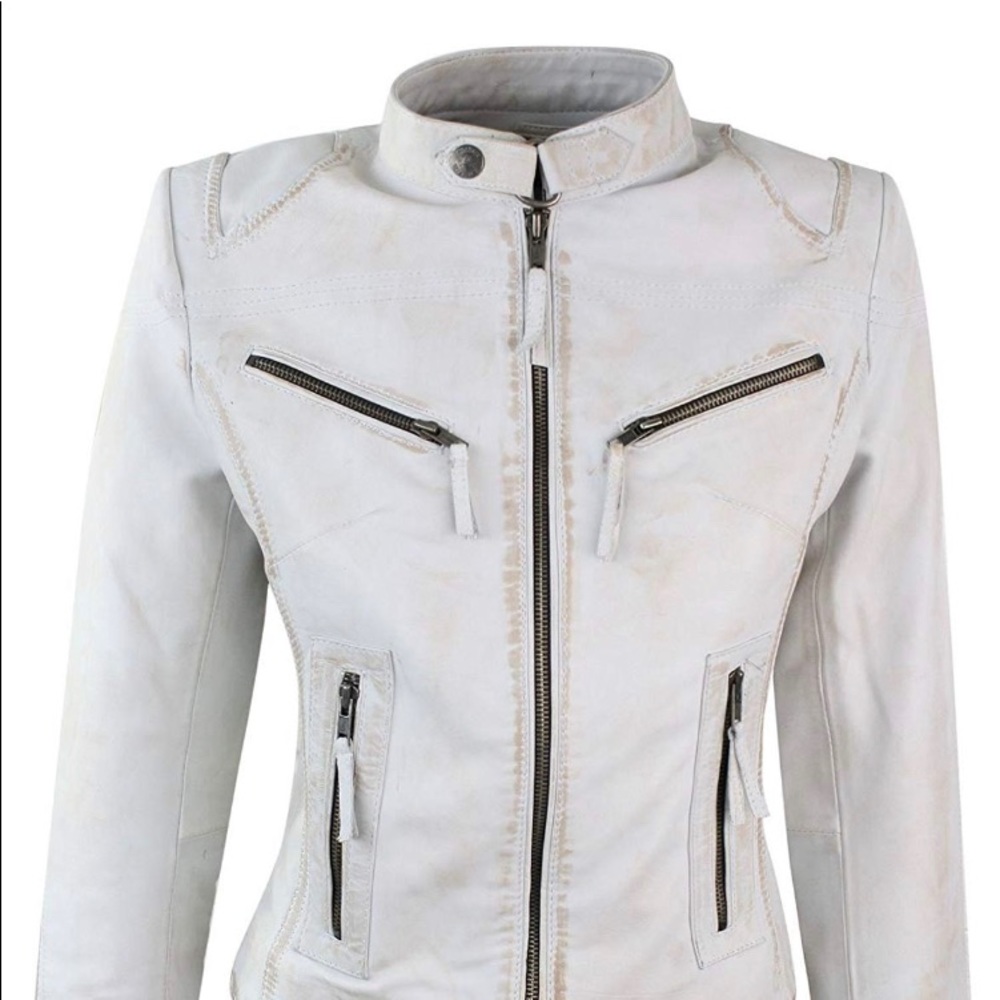Off white leather jacket silver zippers . 🙂